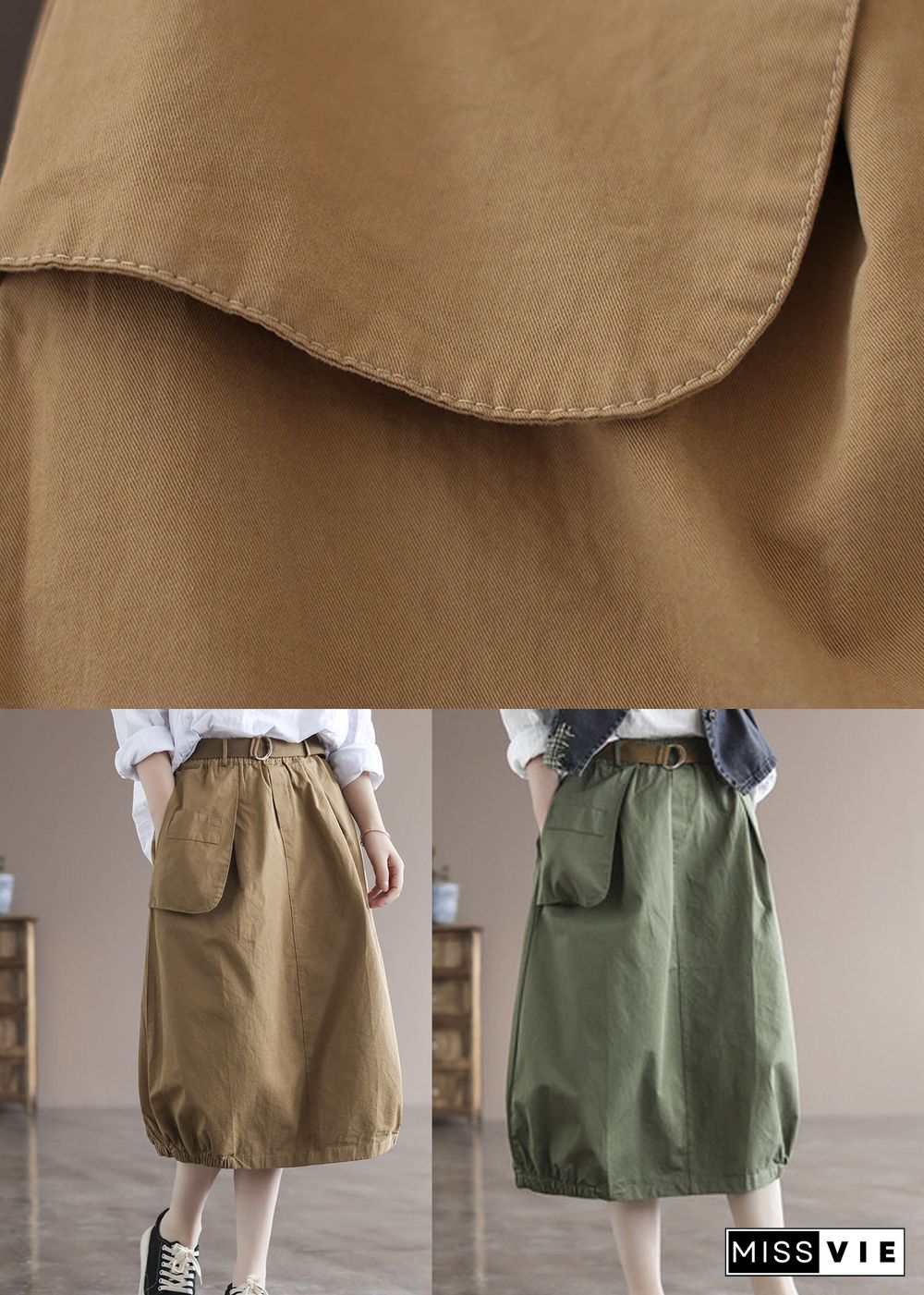 Beautiful Khaki Elastic Waist Asymmetrical Pockets Cotton Skirts Summer