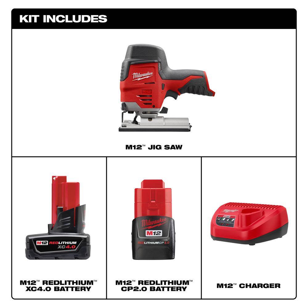 MW M12 12V Lithium-Ion Cordless Jig Saw with One M12 4.0 Ah and One M12 2.0 Ah Battery Pack and Charger 48-59-2424-2445-20