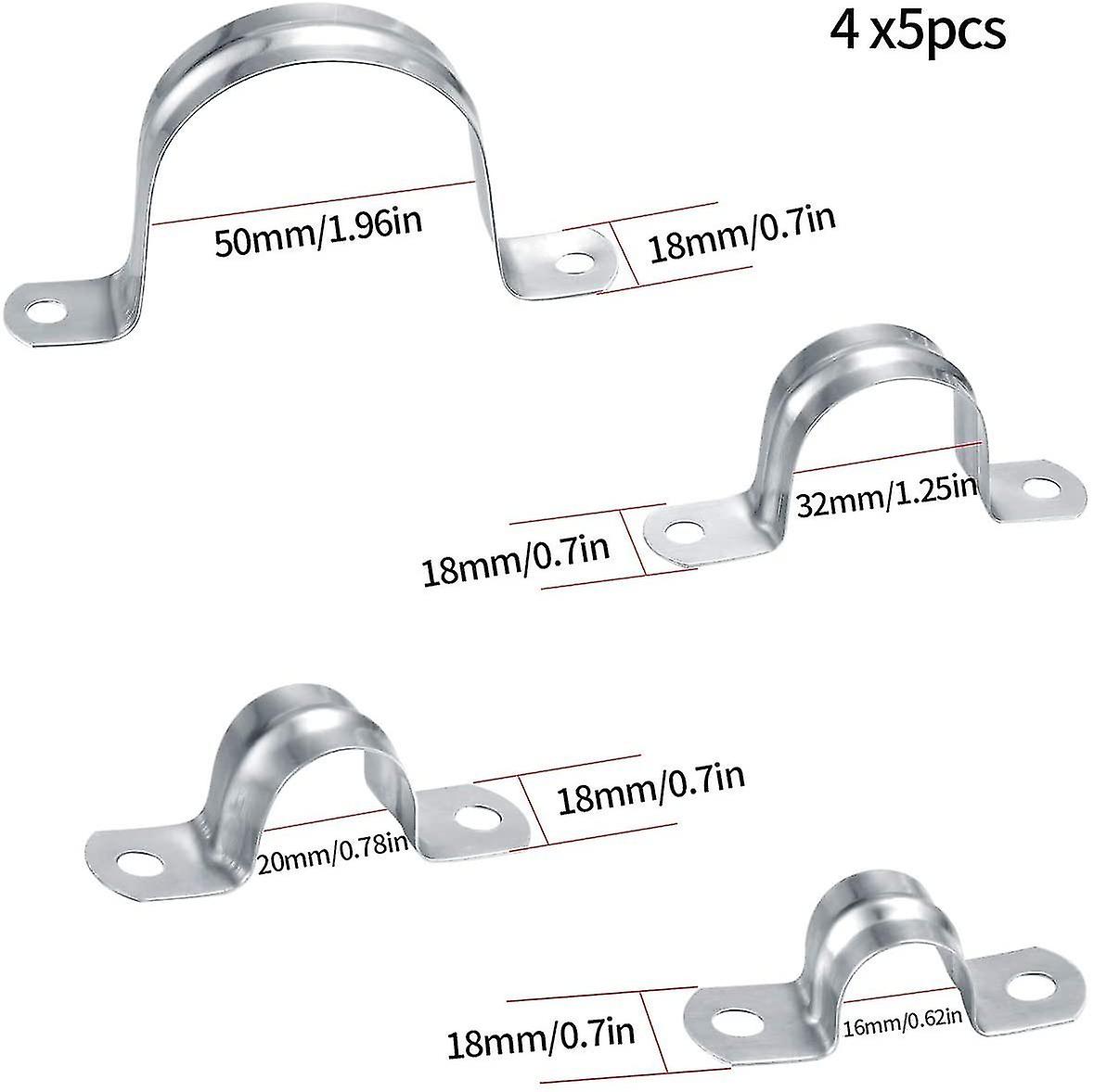 20 Pieces Pipe Clips 304 Stainless Steel， 16mm/20mm/32mm/50mm U-tube Clamp Ring For Fixing， Hose Clamp For Gas Pipes Plastic Pipes Steel Pipes