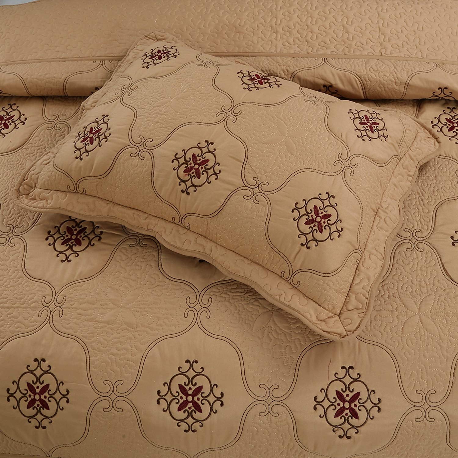 MarCielo 3-Piece Fully Quilted Embroidery Quilts Bedspreads Bed Coverlets Cover Set， Burgundy， Brown， Emma(Queen Size， Taupe)