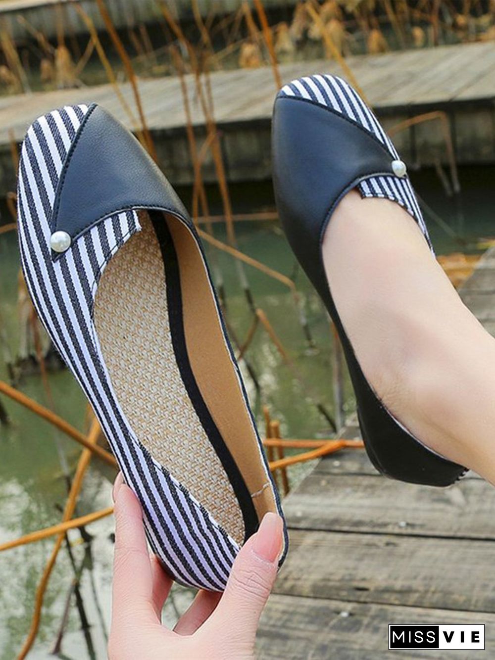 Women Striped All Season Urban Split Joint PU Pu Slip On Standard Shallow Shoes Flats