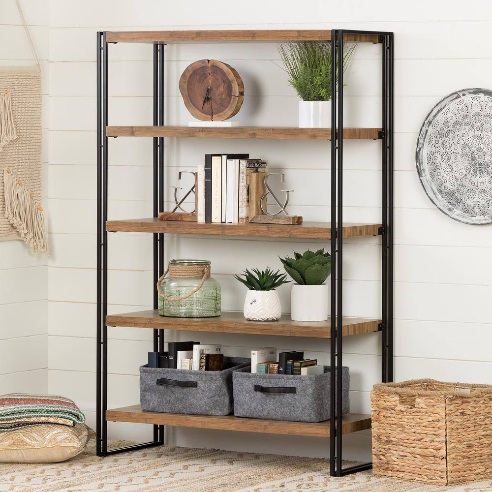 South Shore 61.5 in. Rustic Bamboo Metal 5-shelf Accent Bookcase with Open Back 11521