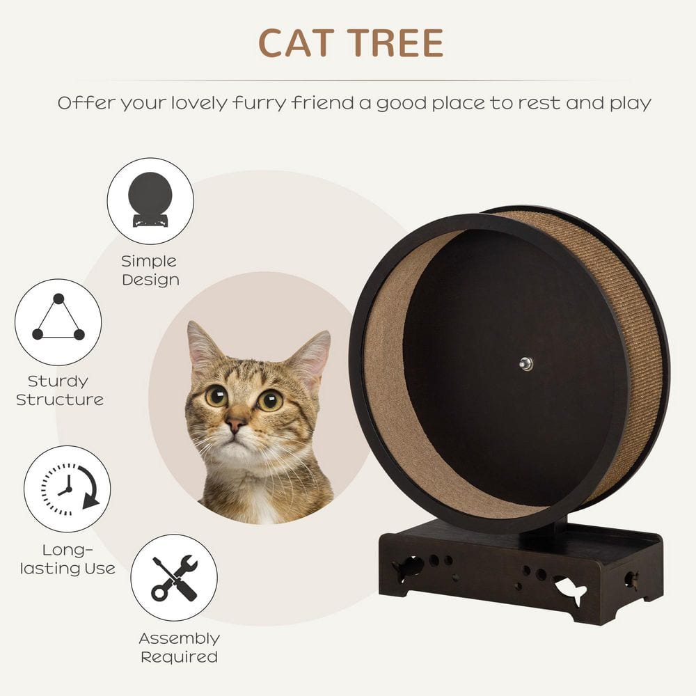 PawHut Small Brown Cats Wooden Round Cat Exercise Wheel, Cat Tree with Carpet Runway D30-306V80BN