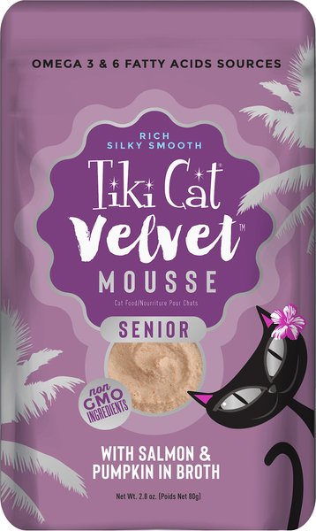 Tiki Cat Velvet Mousse Salmon and Pumpkin in Broth Senior Wet Cat Food， 2.8-oz， case of 12