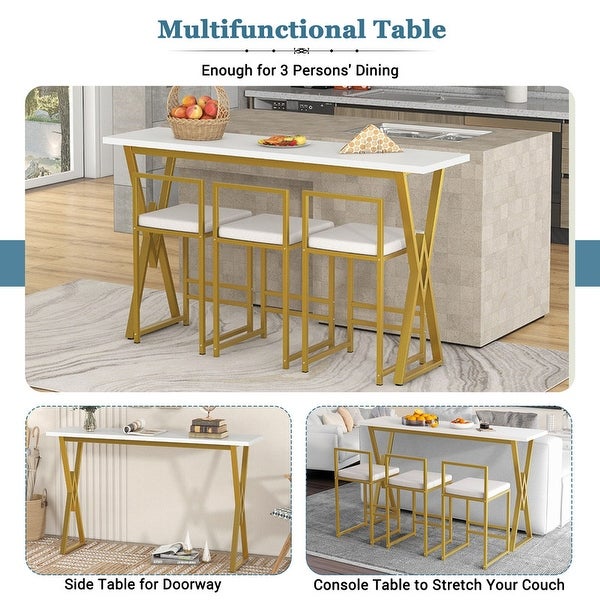 4 piece counter height bar table and chairs， modern style gold dining table set with 3 cushion stools