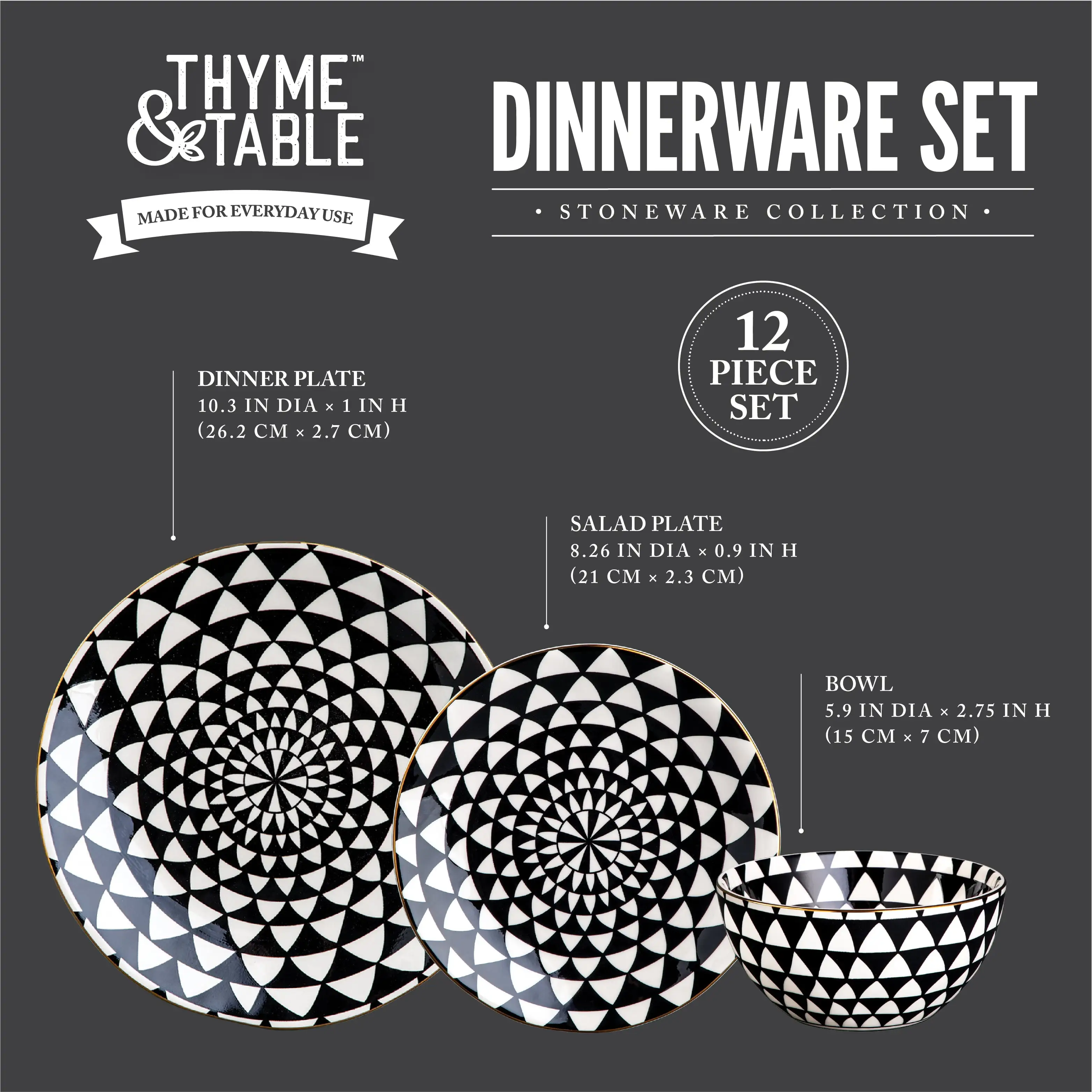 Thyme and Table Dinnerware Black and White Medallion Stoneware， 12 Piece Set