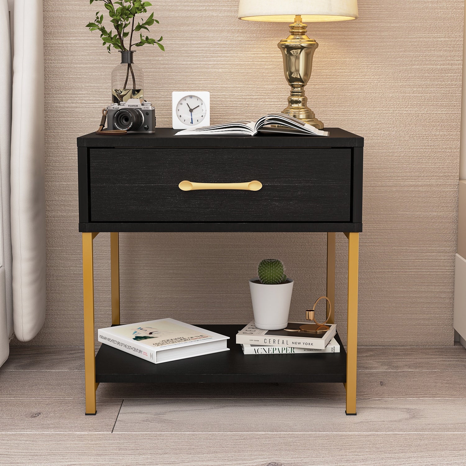 -Drawer Modern Nightstand - Bedside End Table - White/Black|