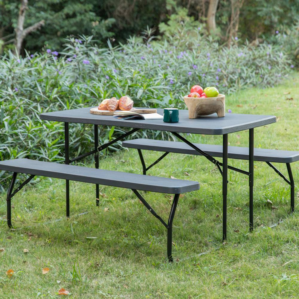 Gardenised Woodgrain Plastic and Steel Gray Outdoor Foldable Portable Picnic Table Set QI003910GY