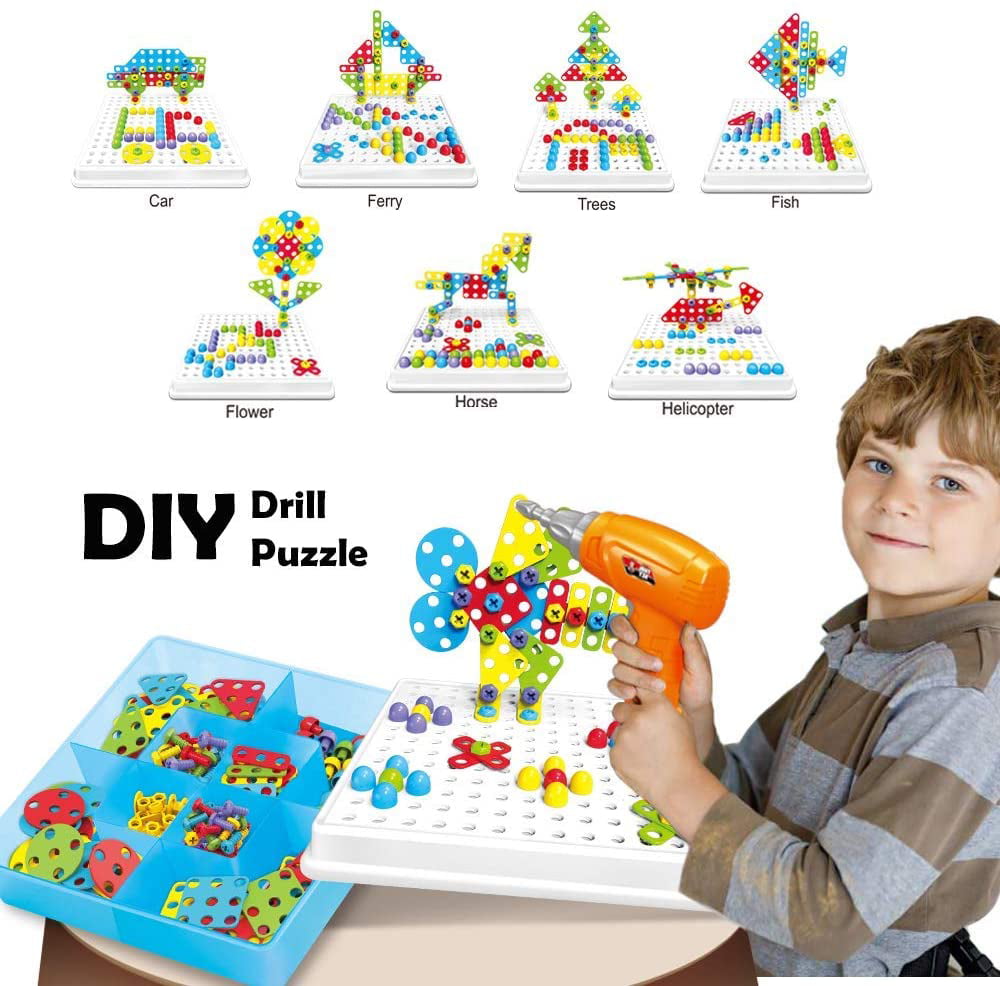 Ambrose 224 Piece Electric Drill Puzzle DIY Button Art Mosaic Pegboard Take Apart Toy with Screwdriver Tool - STEM Construction Building Blocks Games Fine Motor Skill Learning Toys for Kids Boys Girls