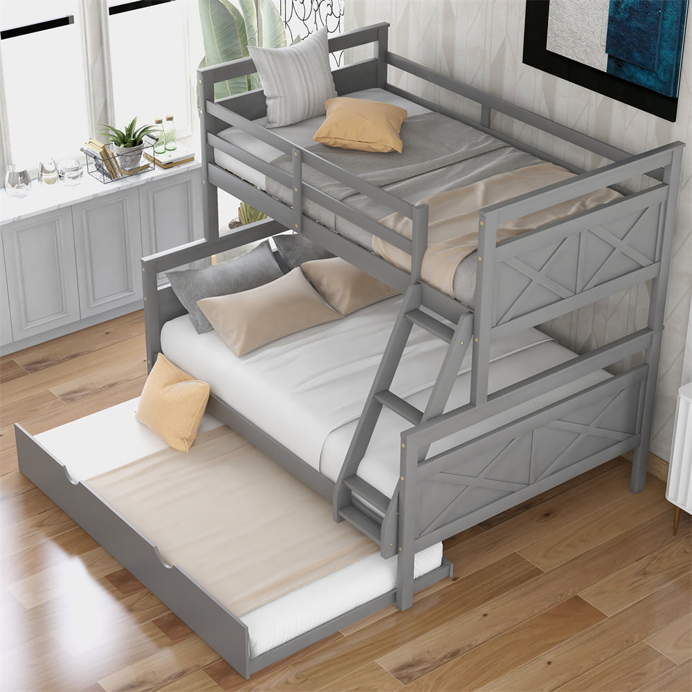 Twin Over Full Bunk Bed with Trundle, Pine Wood Bed Frame and Ladder with Guard Rails for Toddlers, Kids, Teens, Boys and Girls, Grey