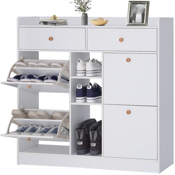 NAIYUFA Shoe Rack，Modern White Large Capacity 19 pairs Shoe Cabinet with 2 drawers for Entryway ，Bedroom， Hallway