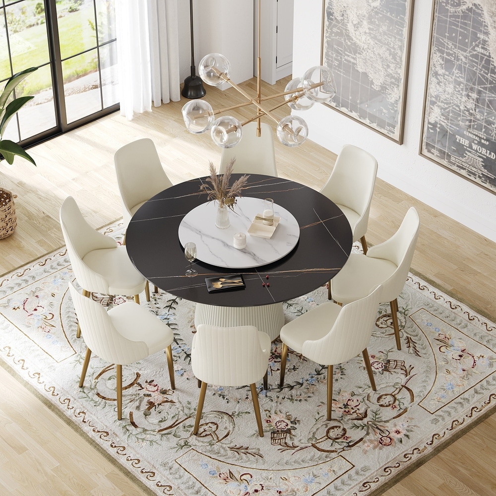 59'' Modern Round Dining Table for 8  Black Sintered Stone Tabletop with Lazy Susan