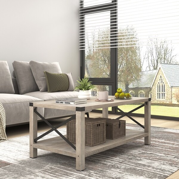 2-Tier Modern Farmhouse Coffee Table with Metal X- Frame