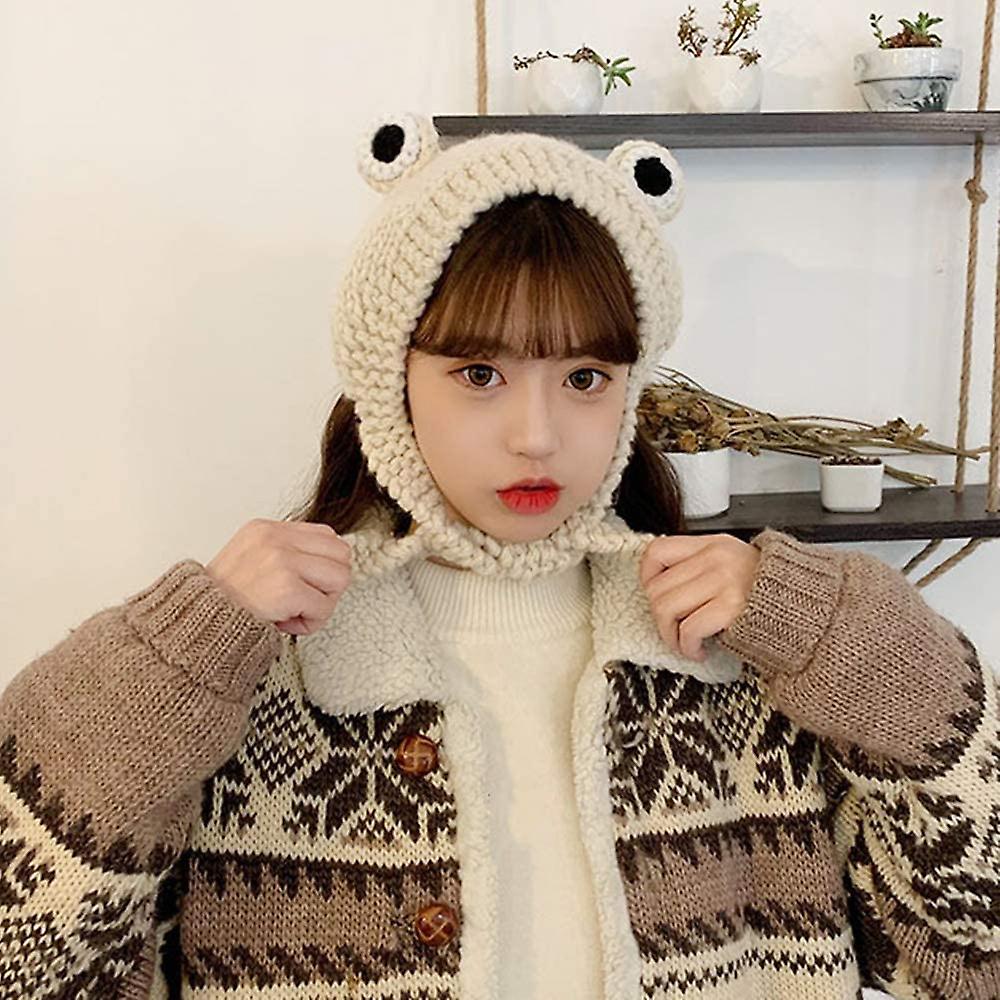 Frog Hat Crochet Knitted Hat Outdoors Autumn Big Eye Frog Knitted Winter Cute Ear Protective Beanie Hats Knitted Caps(beige) Beige -