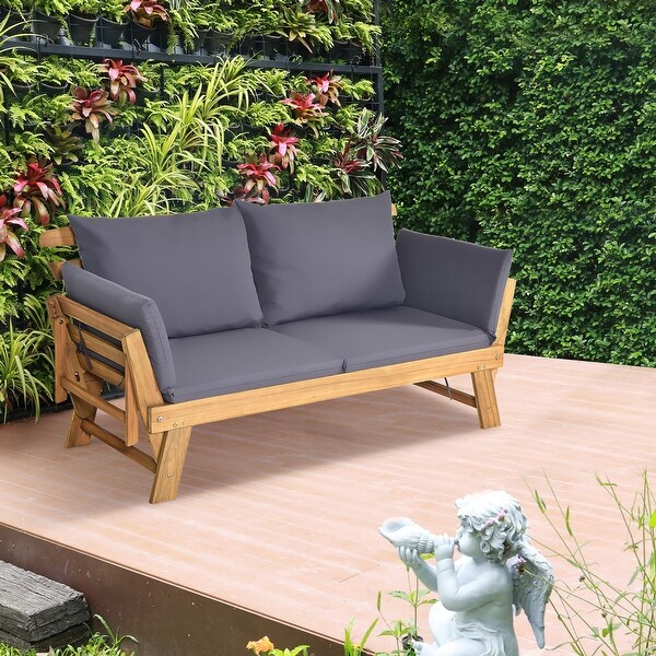 Gymax Adjustable Patio Sofa Daybed Acacia Wood Furniture w/ Cushion