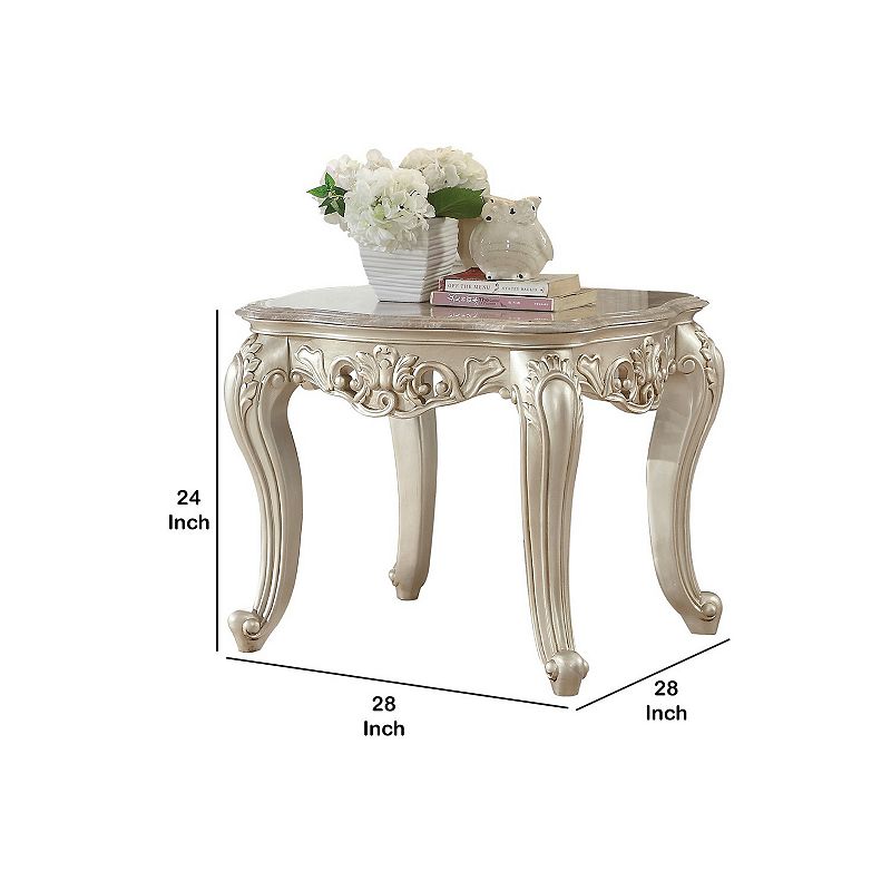 Traditional Style Marble Top End Table with Poly Resin Engravings，Gold