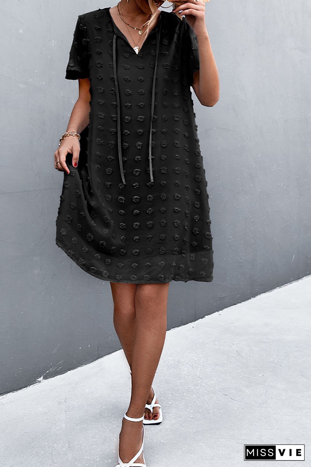 Jacquard Tie V-neck Short Sleeve Dress Wholesale