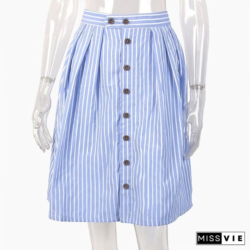 Women Striped A-Line Blue Single-Breasted Skirt Summer Cute Casual Knee-Length Skirts