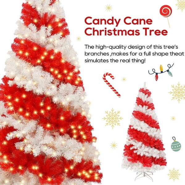 6ft Artificial Christmas Tree with 300 LED Lights and 900 Bendable Branches，Candy Cane Christmas Tree Holiday Decoration