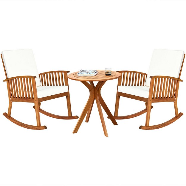 Costway 3pcs Patio Rocking Chair Set Round Table Solid Wood Cushioned Sofa Garden Deck