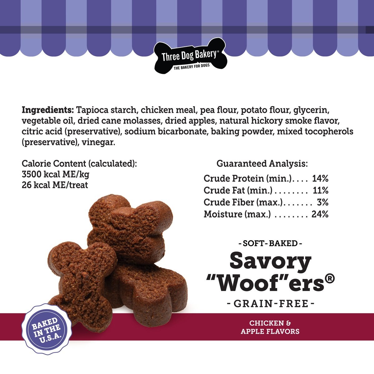 Three Dog Bakery Soft Baked Savory Woofers Chicken and Apple Flavor Grain-Free Dog Treats