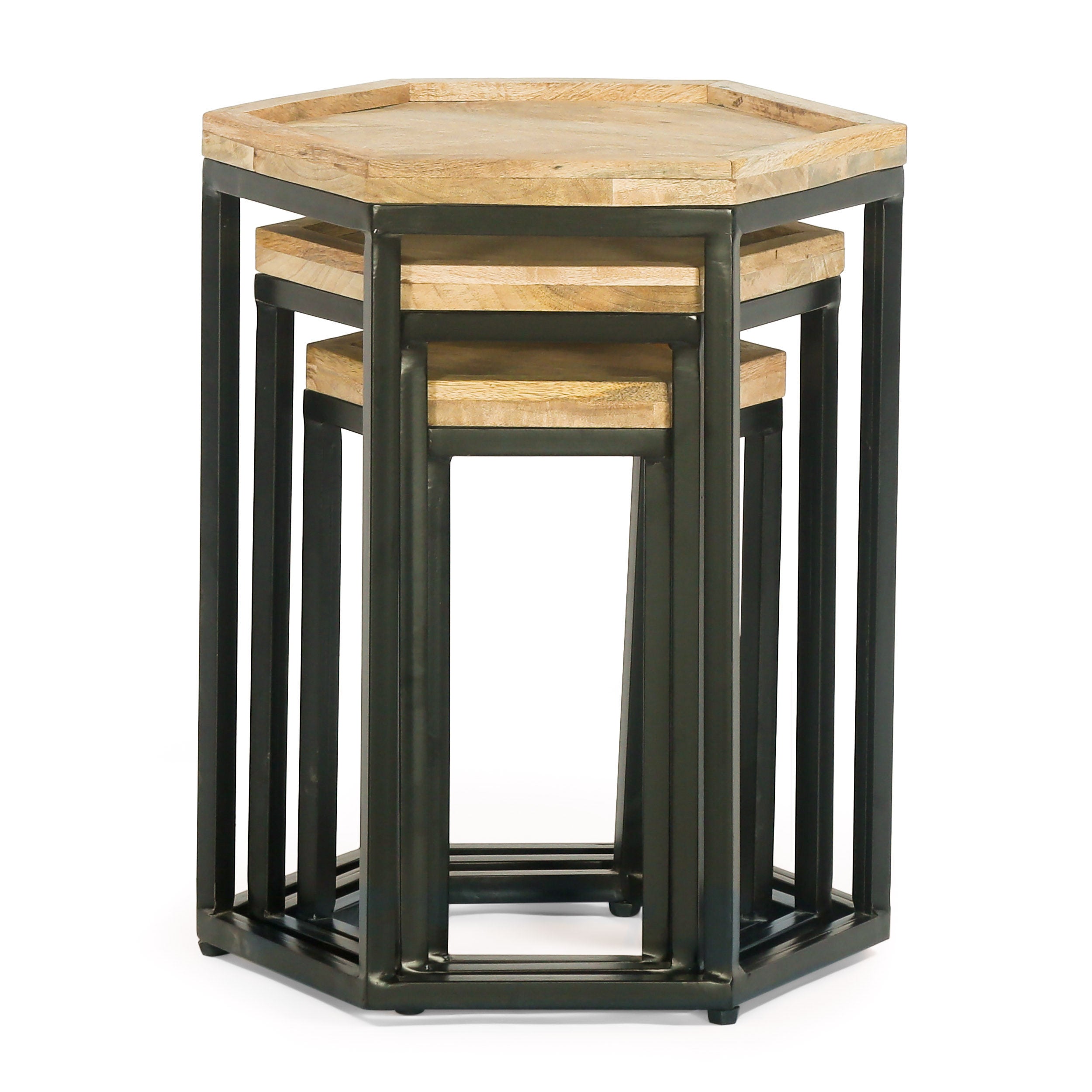 Yantic Modern Industrial Handcrafted Mango Wood Nested Side Tables (Set of 3), Natural and Black