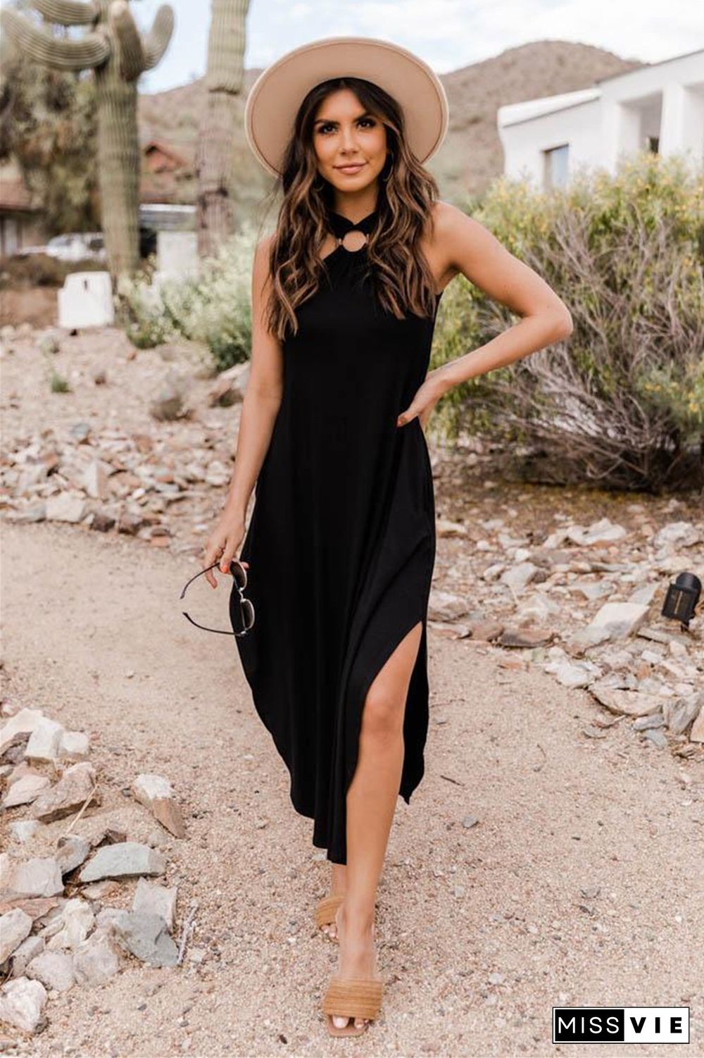 Off-the-shoulder Casual and Comfortable Long Pocket Dress with Hanging Neck