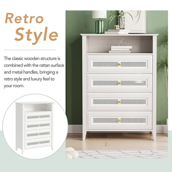 Retro Style 4-Drawer Dresser with Metal Handles， Chest of Drawers with Rattan Panels， Vintage Design Cabinet for Bedroom - - 37952487