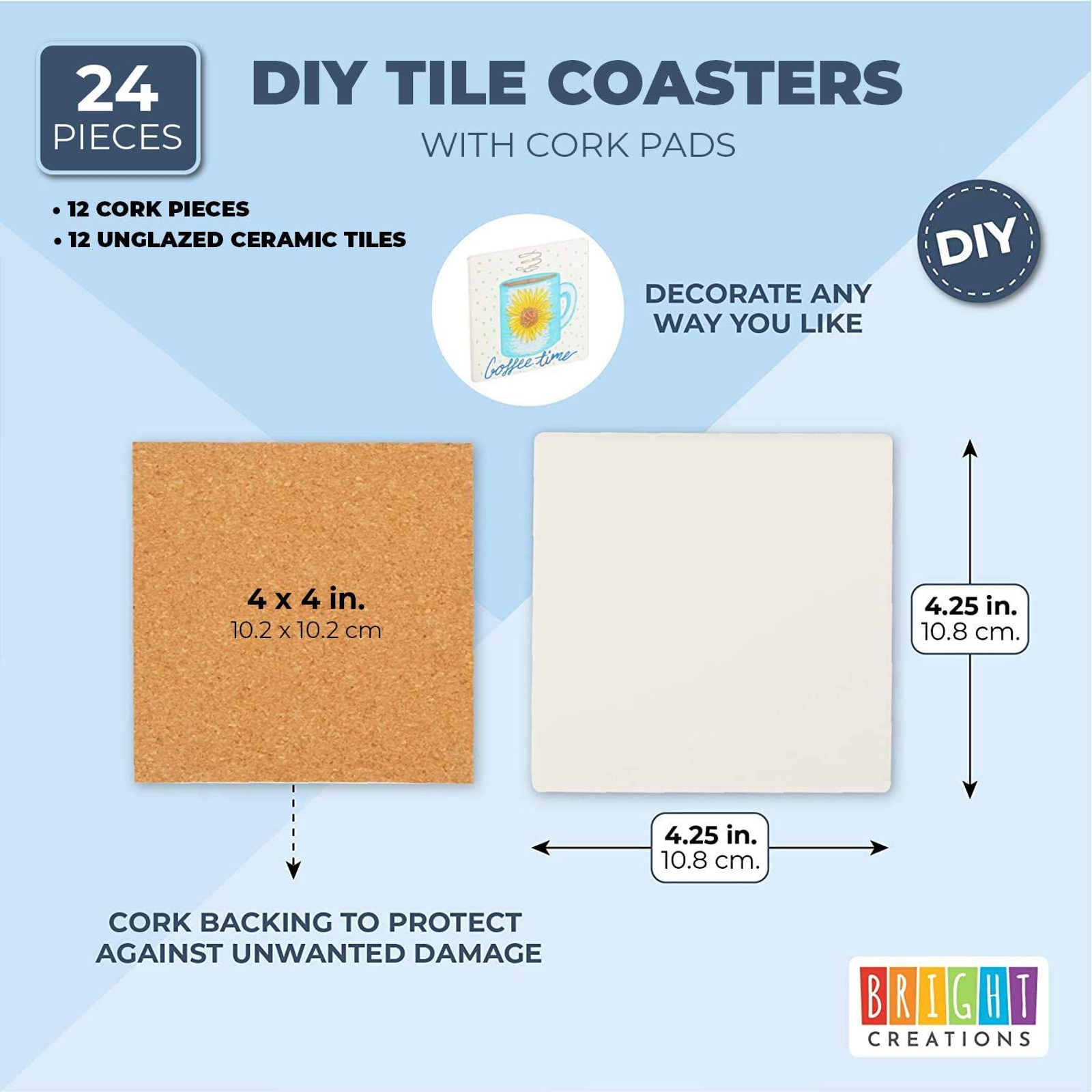 4 Inch Square Ceramic Tiles for Crafts with Cork Backing Pads， 12 Pack of Unglazed White DIY Coasters for Painting