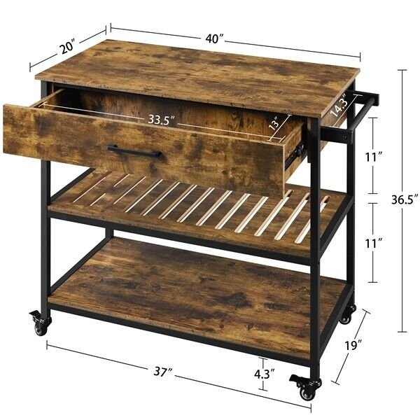 Rolling Kitchen Cart Serving Cart on Wheels w/Drawer and Shelves， Rustic Brown