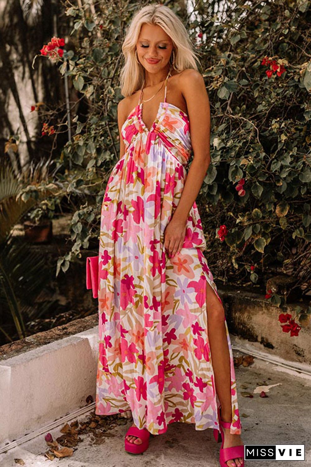 Red Halter Neck Backless Floral Print Maxi Dress with Ties