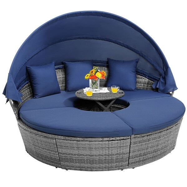 Gymax Outdoor Round Daybed w/ Retractable Canopy and Side Table Backyard