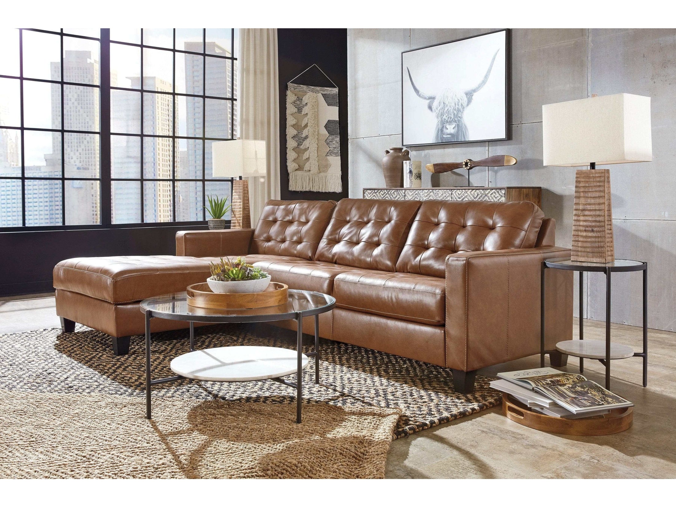 (Online Special Price) Baskove Auburn Leather Match 2pc Sectional w/ Chaise