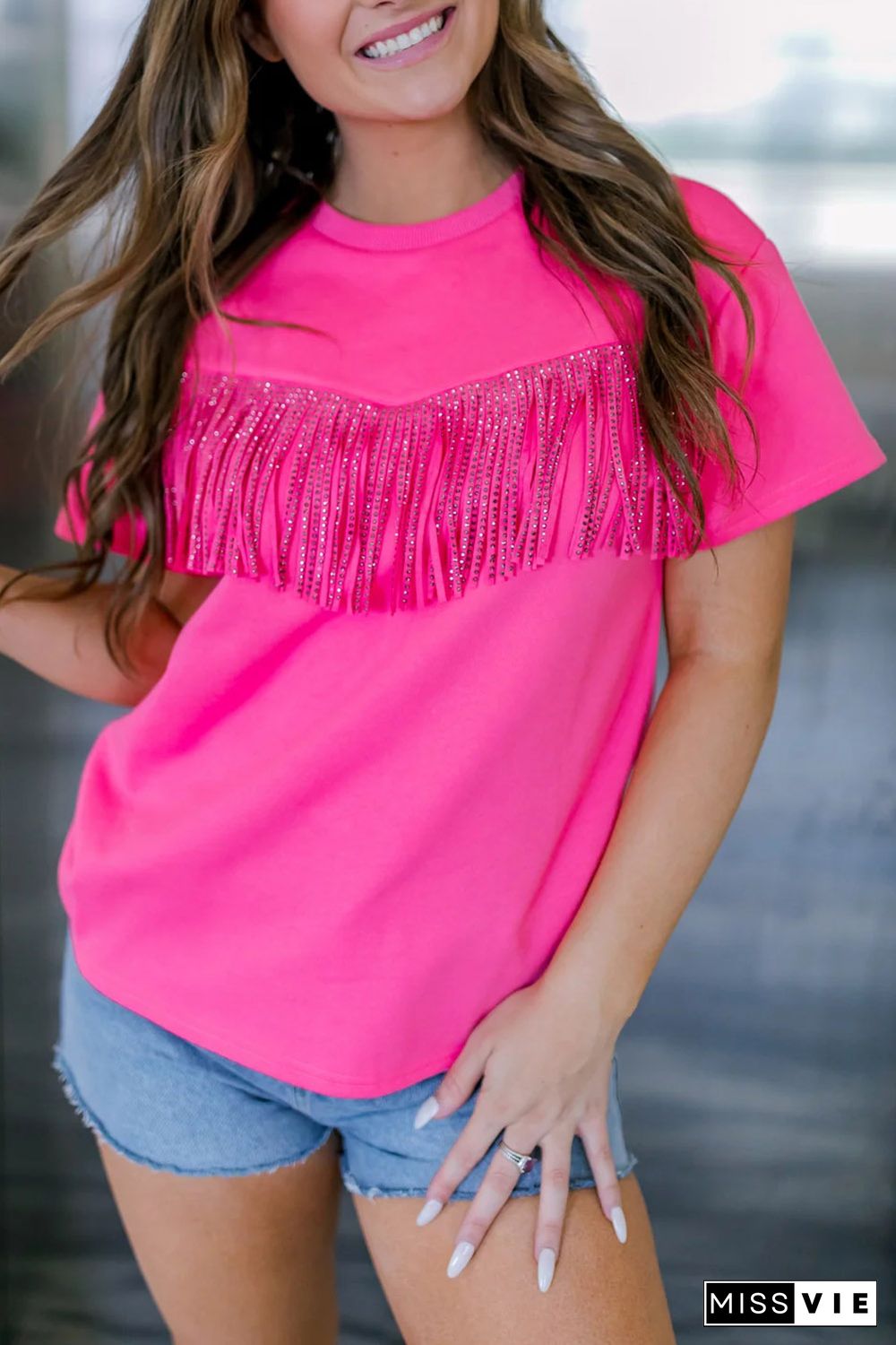 Rose Rhinestone Fringed Short Sleeve T-shirt