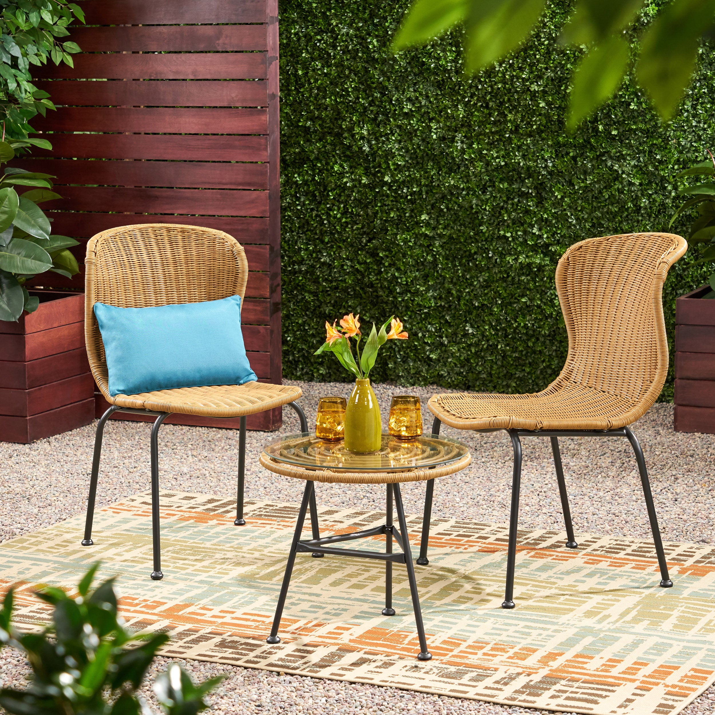 Akim Outdoor Boho Wicker 3 Piece Chat Set