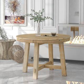 URTR 42 in. - 58 in. Round Natural Wood Wash Wood Top Extendable Dining Table Kitchen Dining Room Table with X-Shaped Base T-02009-E