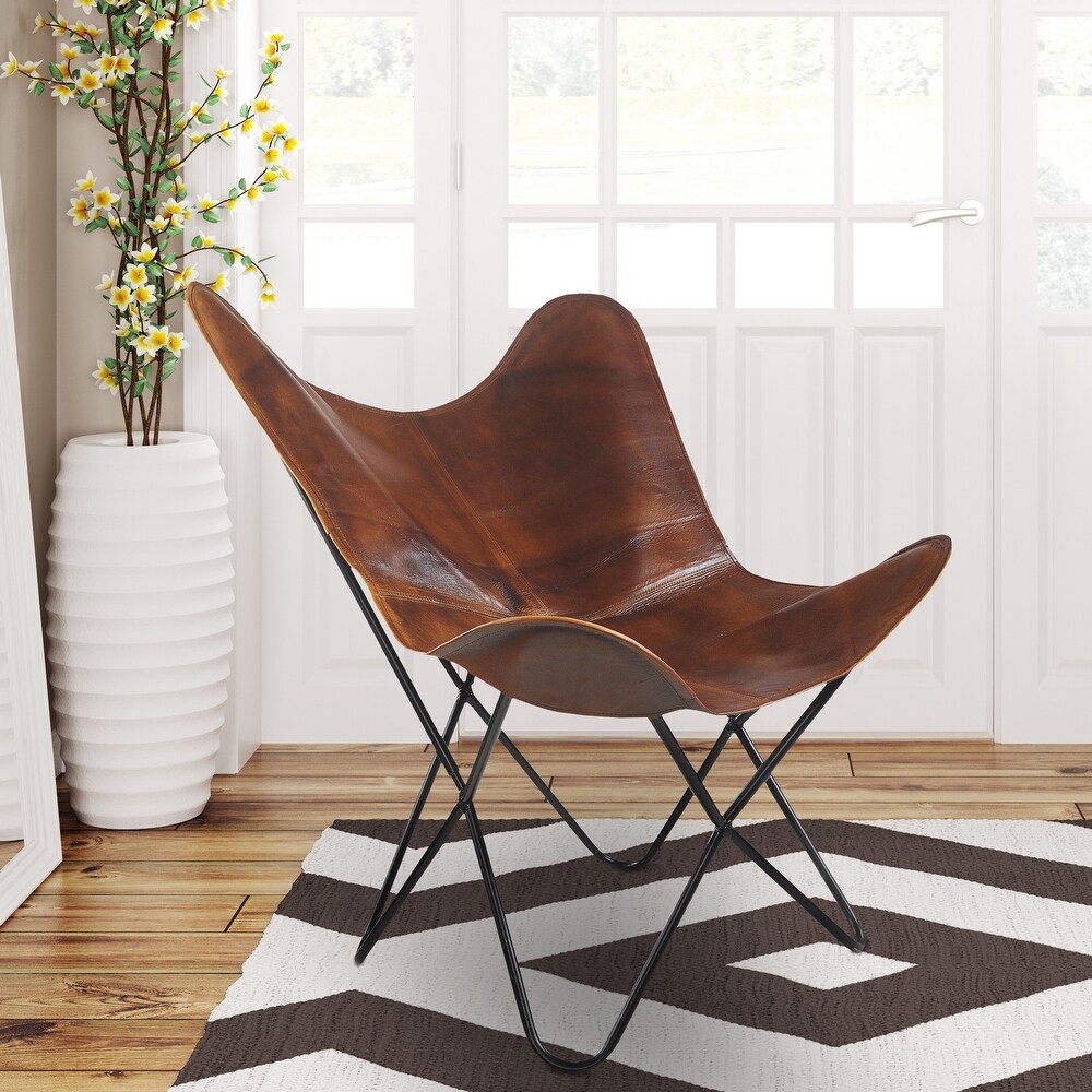 LR Home Brown Leather Butterfly Chair   37\