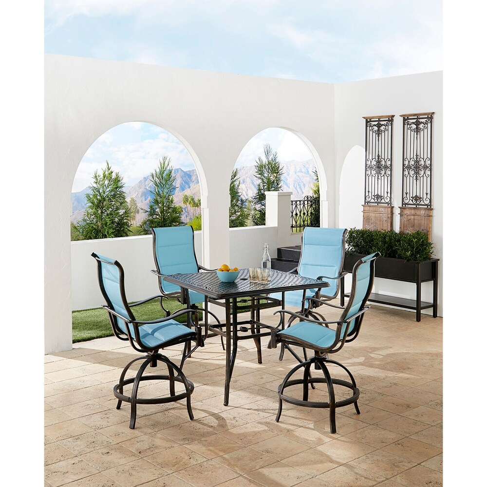 Hanover Traditions 5 Piece High Dining Set in Blue with 4 Padded Swivel Counter Height Chairs and 42 in. Cast top Table