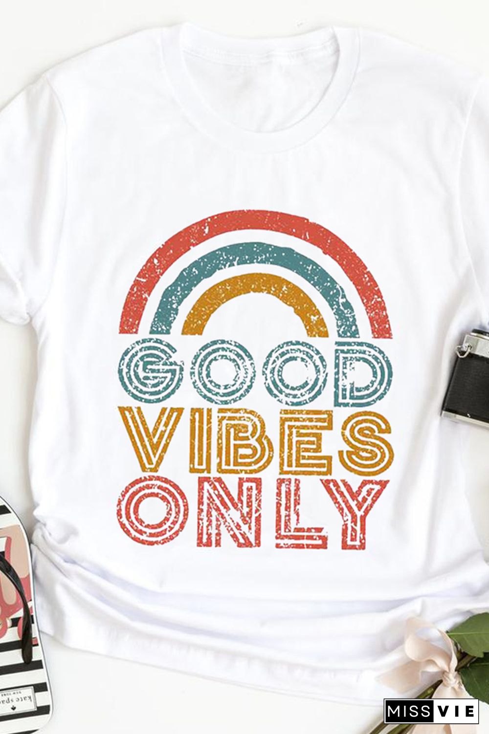 GOOD VIBES ONLY Print Graphic Tees for Women Wholesale Short Sleeve T shirts Top