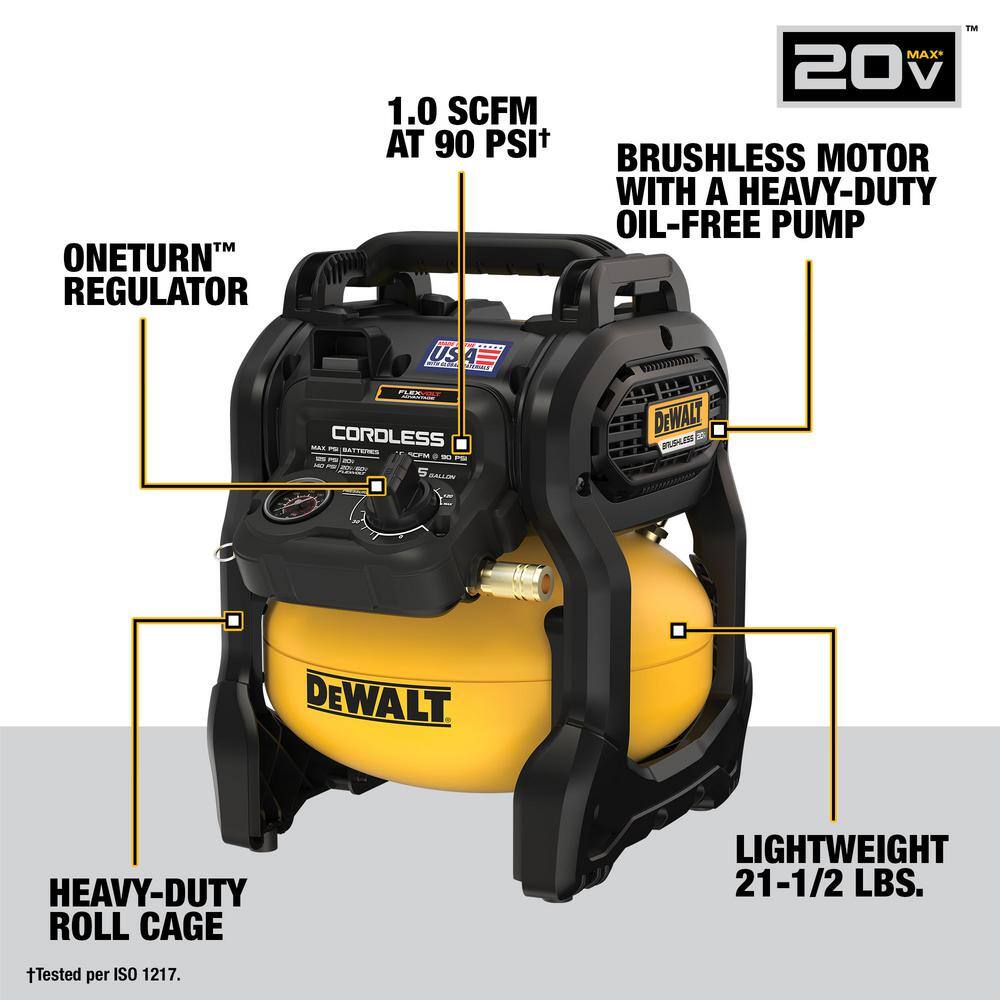 DEWALT DCC2520T1 2.5 Gal. 140 psi Portable 20V Cordless Air Compressor Kit with FLEXVOLT Advantage， 6.0Ah FLEXVOLT Battery， and Charger