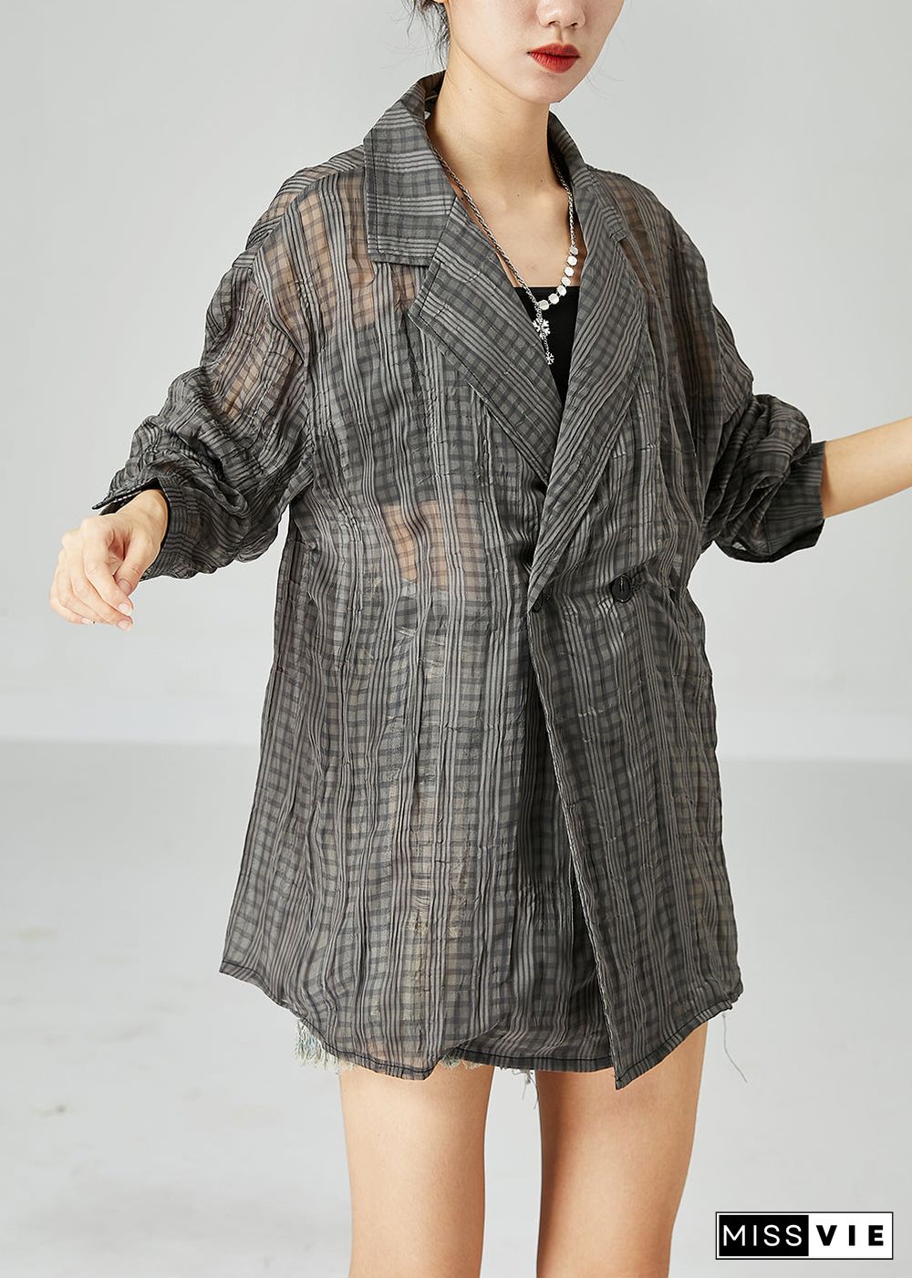 Organic Dark Grey Oversized Striped Wrinkled Linen Shirt Tops Spring