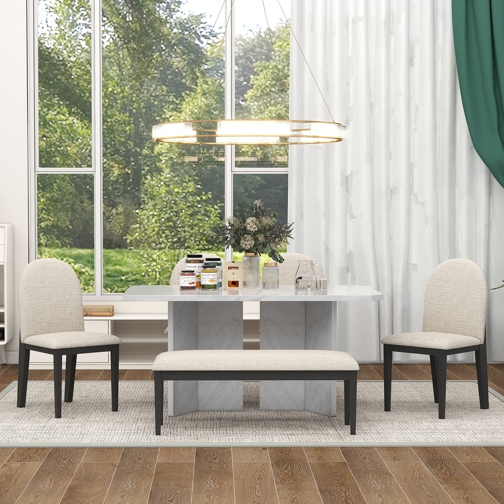 Rectangular Marble Texture Table and 4 Upholstered Dining Chairs1 Bench for Dining Room  6 Piece Modern Dining Table Set