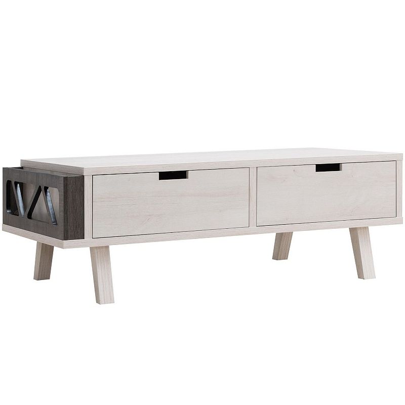 FC Design White Oak and Distressed Grey Coffee Table with 2 Drawers and Side Storage Compartment