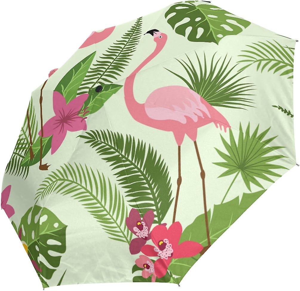 Rain Umbrella Automatic Windproof Foldable Umbrella Flamingo Tropical Flowers