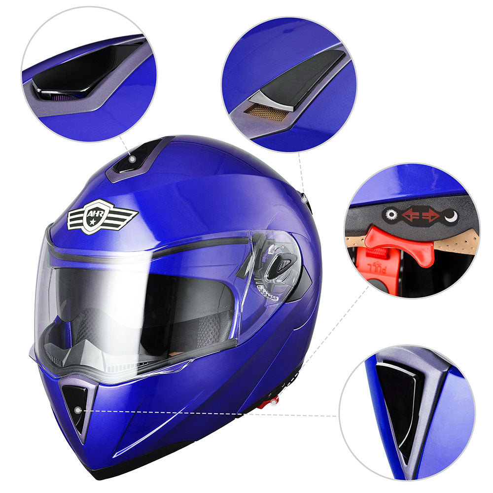 AHR Modular Helmet Flip Up Full Face Dual Visors DOT Blue