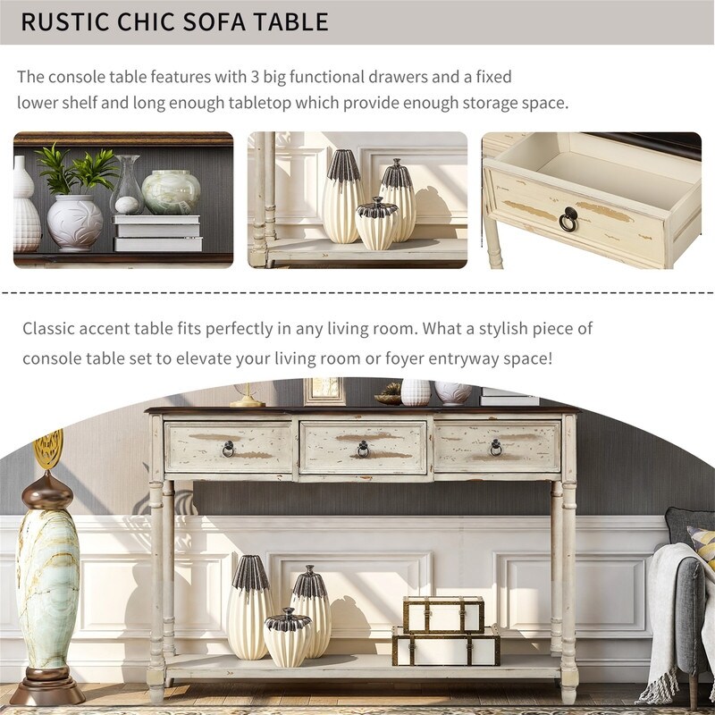 Console Table w/ Projecting Drawers and Long Shelf for Entryway Beige