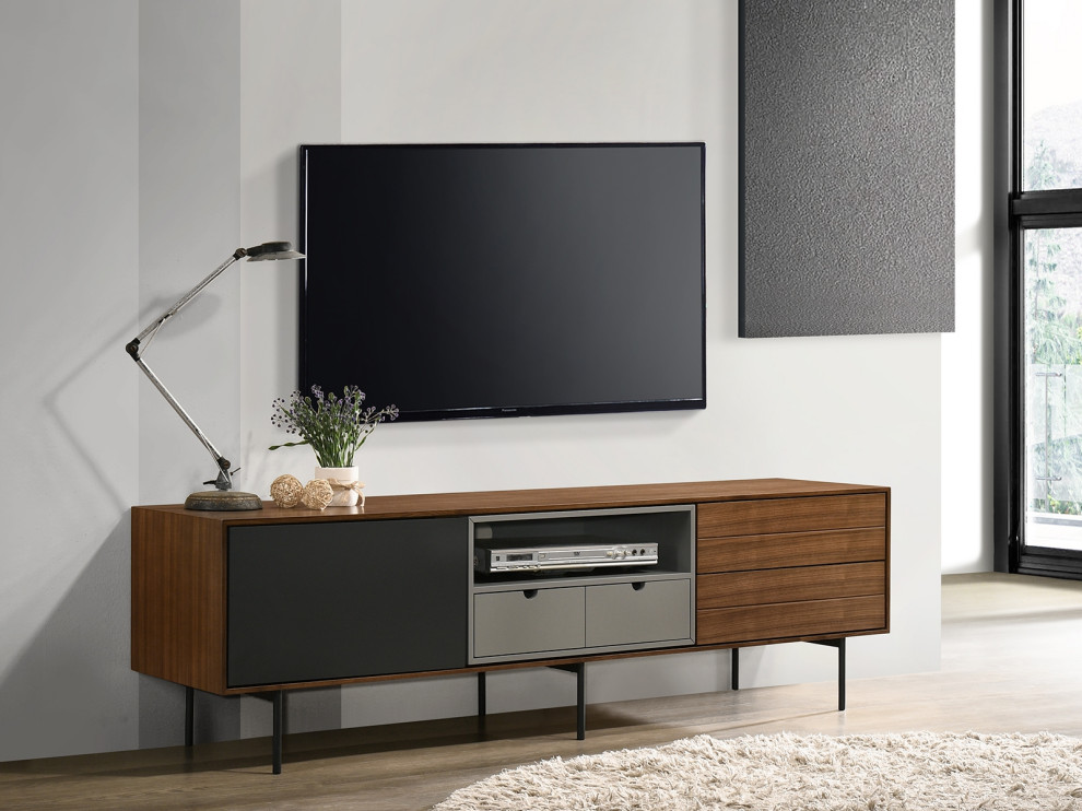 Calico Entertainment Center  Walnut Wood Veneer With Gray Matte Painted Accents   Midcentury   Entertainment Centers And Tv Stands   by HedgeApple  Houzz