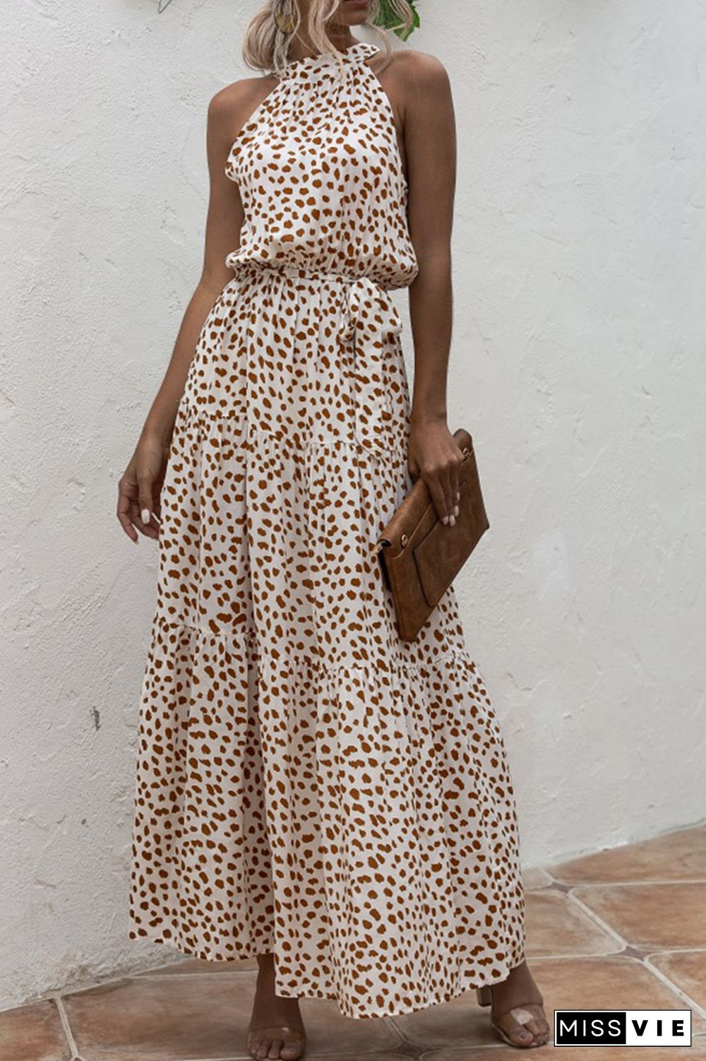 Halter Polka Dot Print Tie Waist Maxi Dress Wholesale