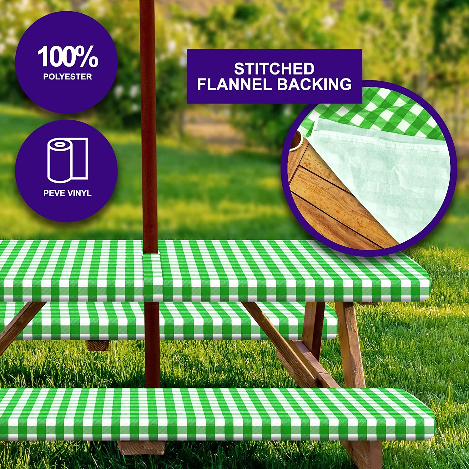 Sorfey Rectangle Fitted Picnic Table Cover Tablecloth with Umbrella Hole, 3-Pc. Set Green 30"x96"