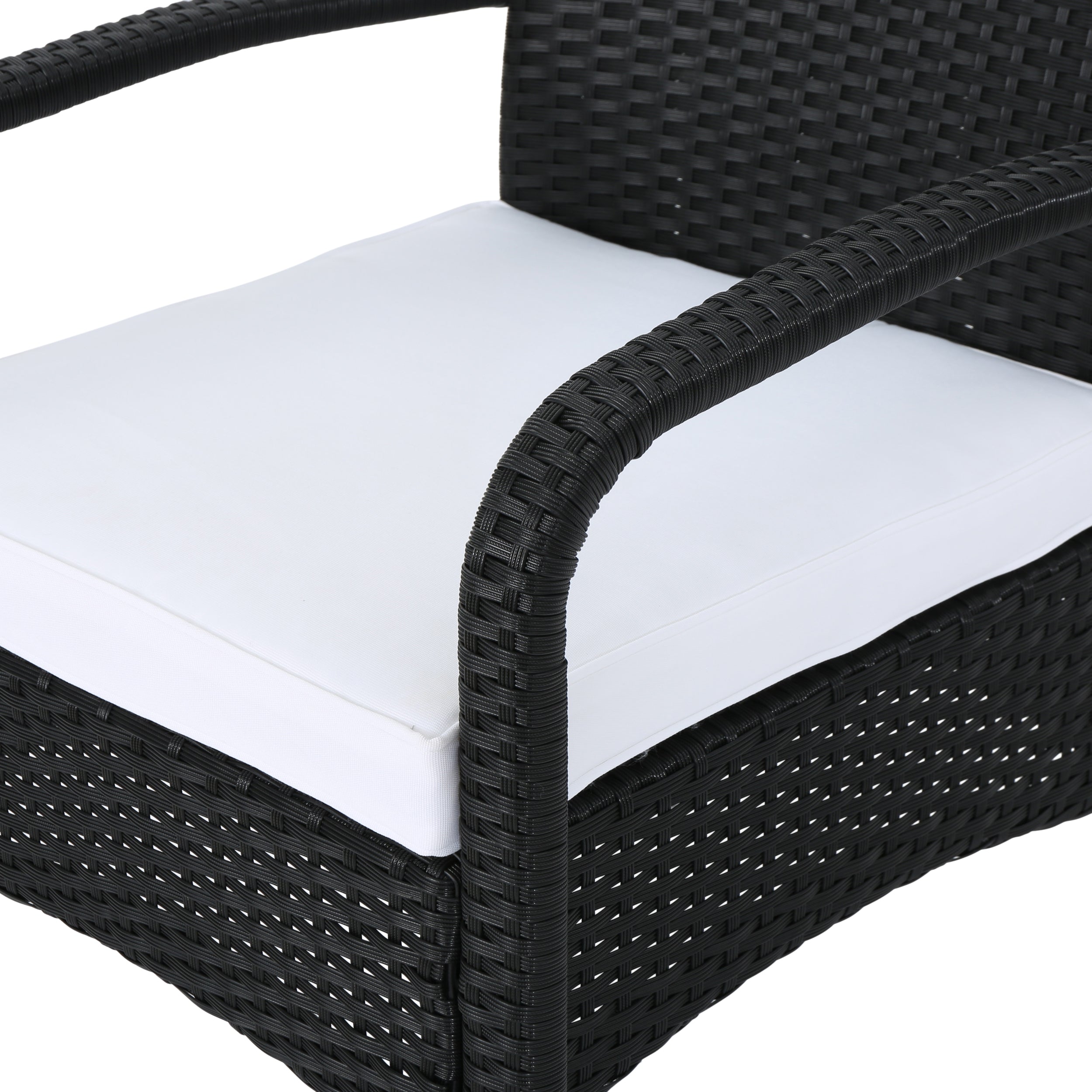 Carmela Outdoor 4 Piece Black Wicker Chat Set with White Water Resistant Cushions